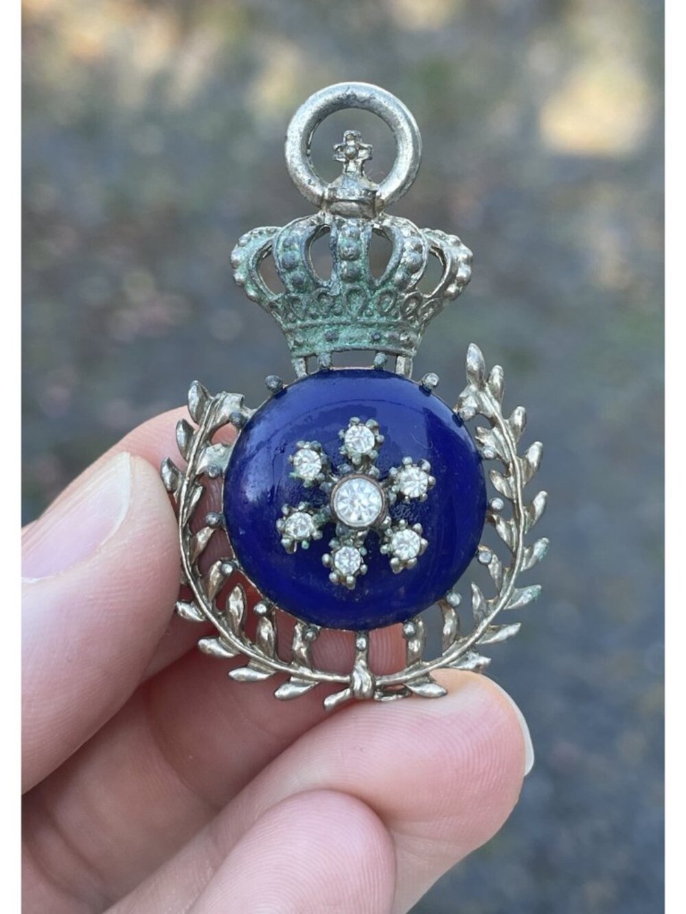 Mid-Century Mourning Royal Crown & Wreath w/ Cobalt Blue & Crystal Rhinestones
